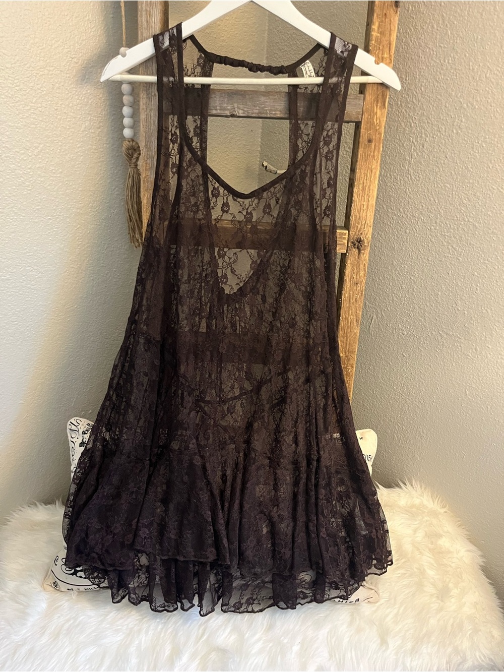 Sheer Lace Tank Slip Dress - mocha brown